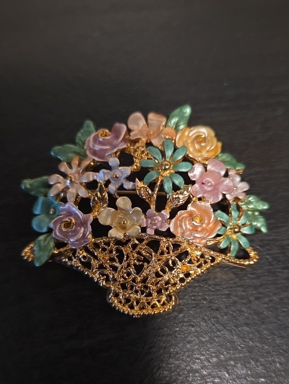 Gold Floral Enamel Bouquet Brooch in Pastel Colors